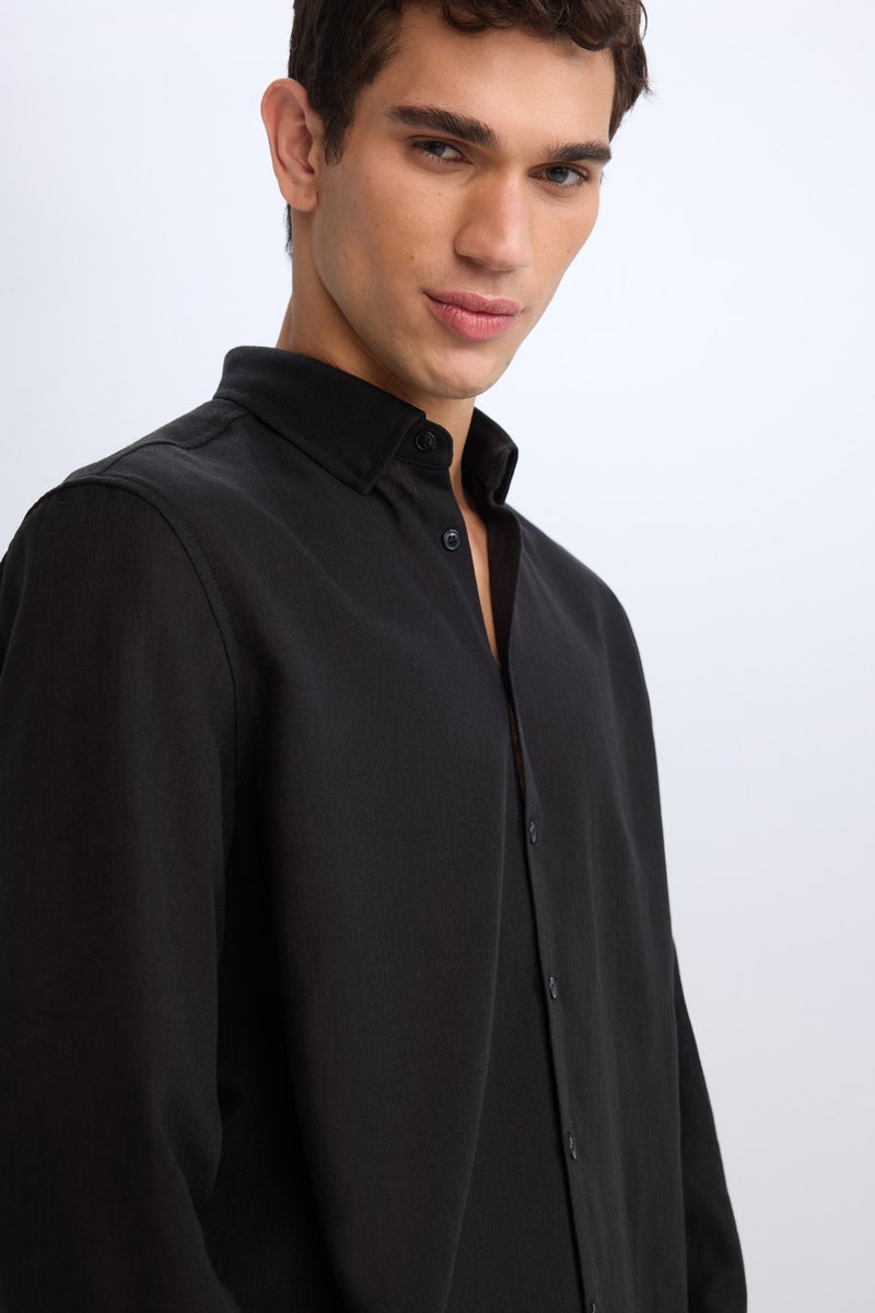 DeFacto Black Man Regular Fit Polo Neck Linen Look Shirt Casual - Image 4